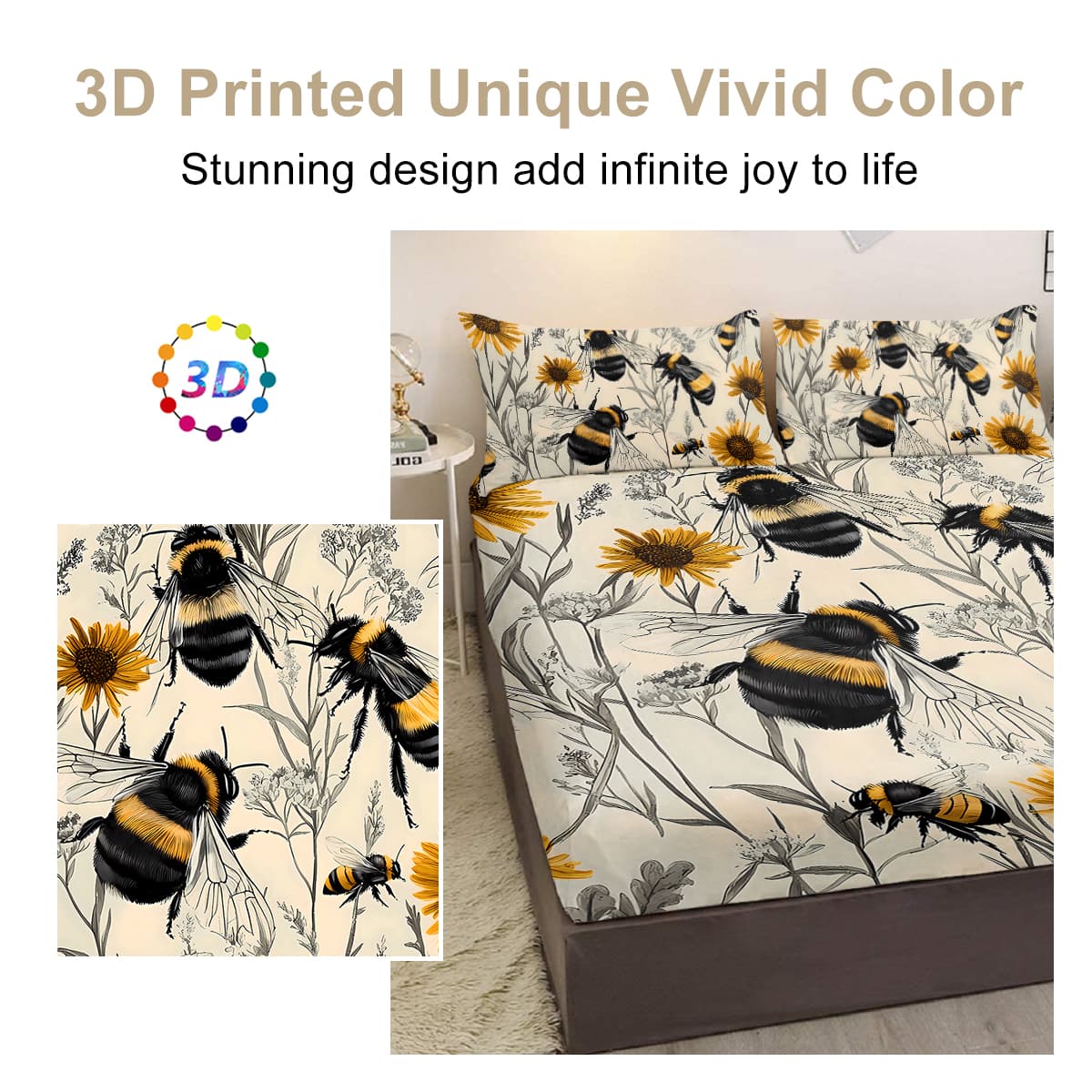3PCS Botanical Floral Printed Bed Fitted Sheet Set, Yellow Bedding Set, Cute Bee,1 Fitted Sheet, 2 Pillow Cases